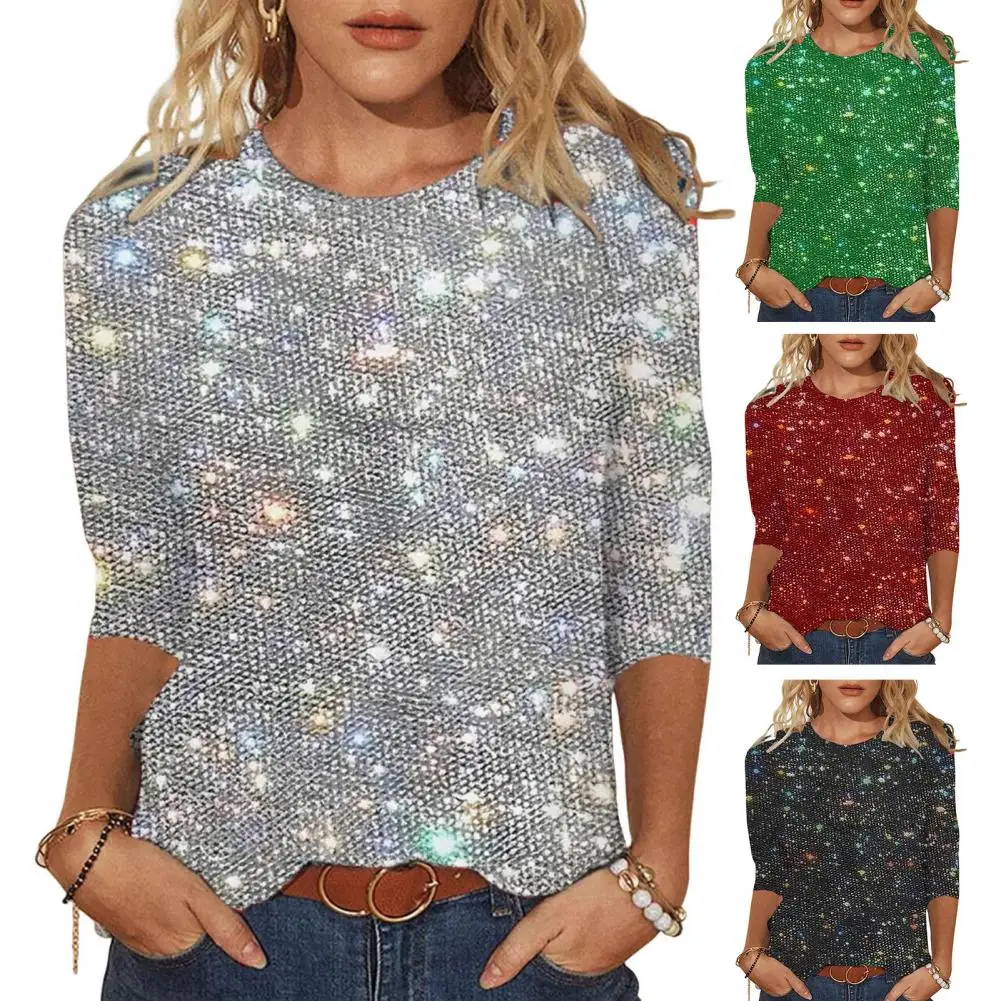 

2025 Elegant Women Blouse Women Top Elegant Shiny Sequin O Neck Blouse For Women Soft Pullover Pure Color For Commut