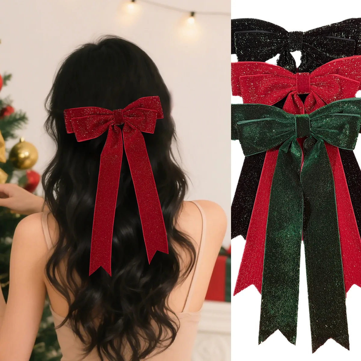 

24 шт., блестящие длинные бархатные заколки для волос с кисточками и бантом для женщин и девочек, блестящие заколки для волос с бантом, рождественская тема, оптовая упаковка