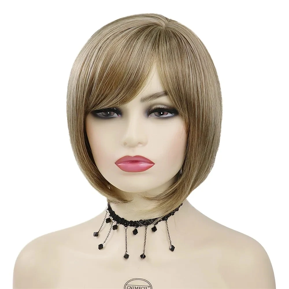 Short Light Brown Mix Blonde Bob Natural Wig with Bangs for White Women Synthetic Hairstyles with Highlight Soft Hair Wigs Women