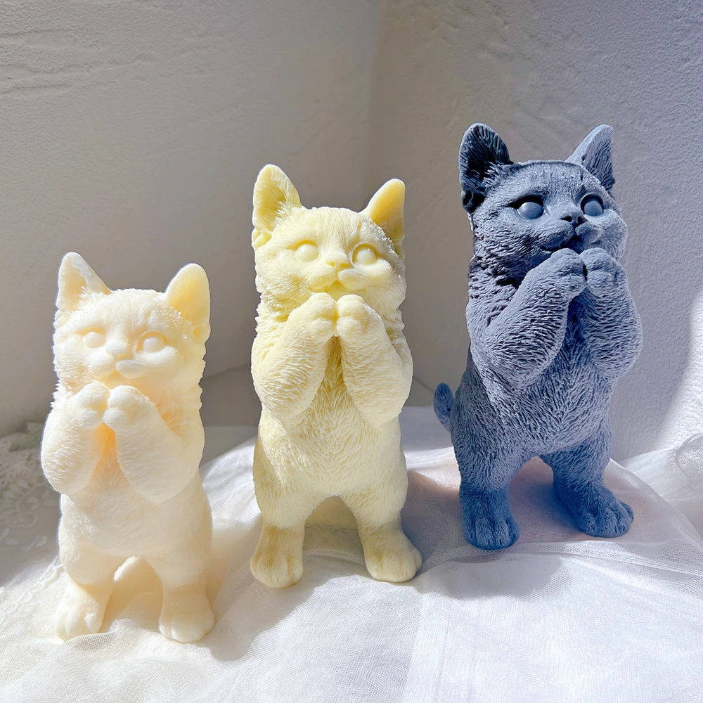 21Cm Big Size Standing Cat Candle Silicone Mold 3D Animal Sculpture Cats Lover Home Decor Gift Soy Wax Mould