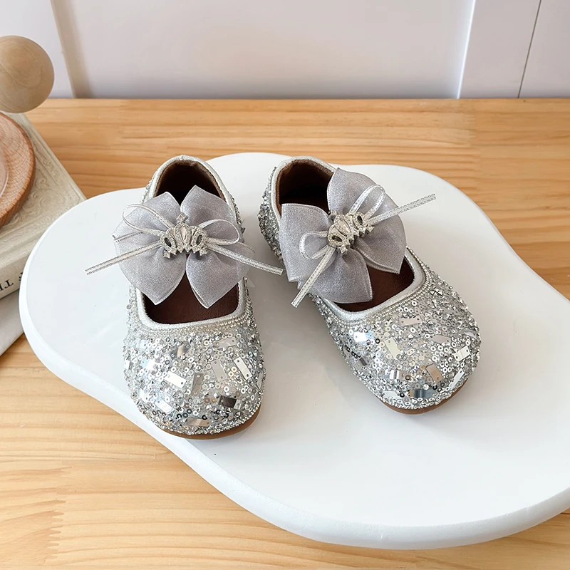 Kids Leather Shoes Shiny Sequins Sweet Girls Flat Shoes Round Toes Cute Lace 2026 Brand New Children Princess Shoes Soft Bottom