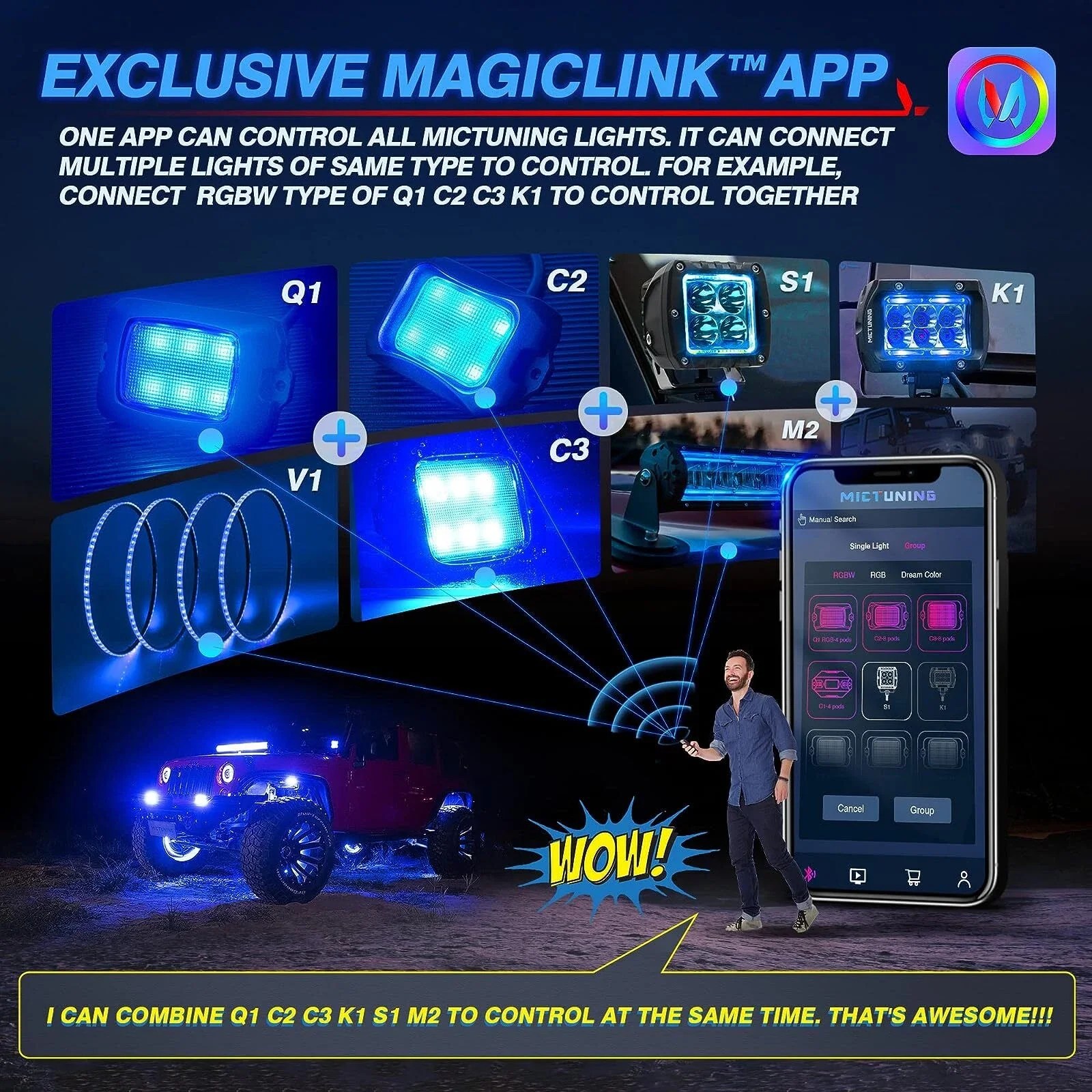 

MICTUNING Q1 150° Wide Angle RGBW LED Rock Light, Multi-colour Light Kit with 8 Sockets, Bluetooth, Remote Control for Off-Road