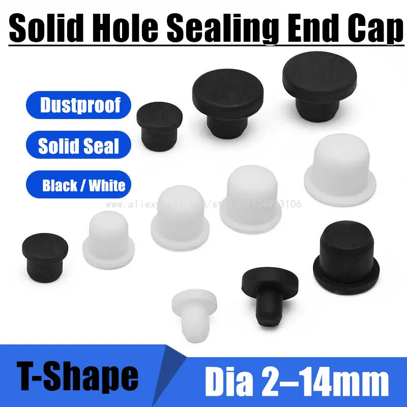 T-Shaped Silicone Rubber Hole Sealing Plug 2 4 4.5 5 6 8 14mm Solid Dustproof Insert Bung End Cap Anti-Dust Stopper Black White