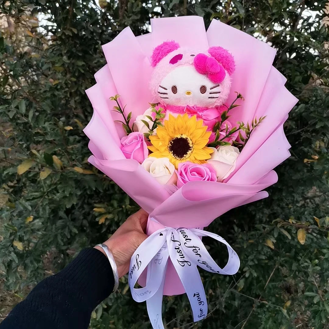 Hello Kitty Kuromi Sanrio With Artificial Flower Bouquet My Melody Cinnamoroll Stuffed Plushies Valentine's Day Birthday Gifts