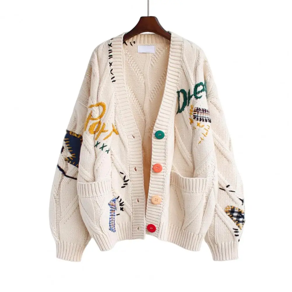 Sweater Jacket  Thick   Knitted Cardigan Autumn Winter Embroidery Letter Pattern Buttons Placket Sweater Cardigan