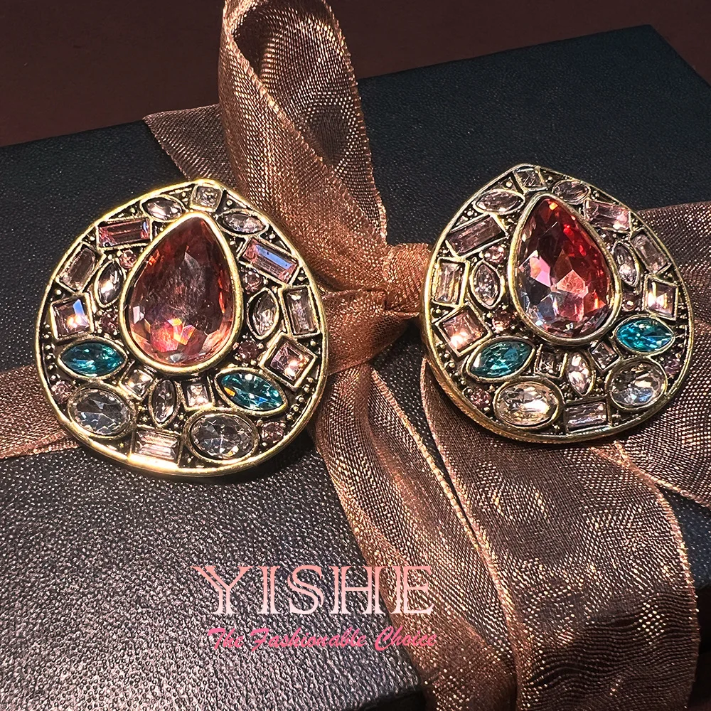 Retro colored diamond vintage geometric stud earrings, Western antiques reflow-plated real gold cross-border hot-selling high-en