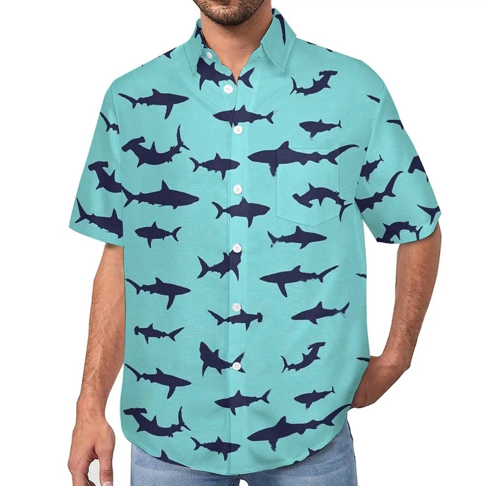 

Sharks Silhouette Beach Shirt Animal Print Hawaii Casual Shirts Men Funny Blouses Short Sleeve Pattern Clothes Large Size