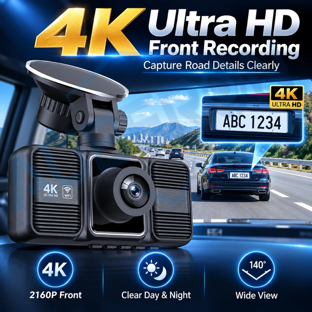 4K Dash Cam Triple Channel WiFi Driving Recorder Front Rear Interior Camera Night Vision G-Sensor Loop Recording Parking Monitor