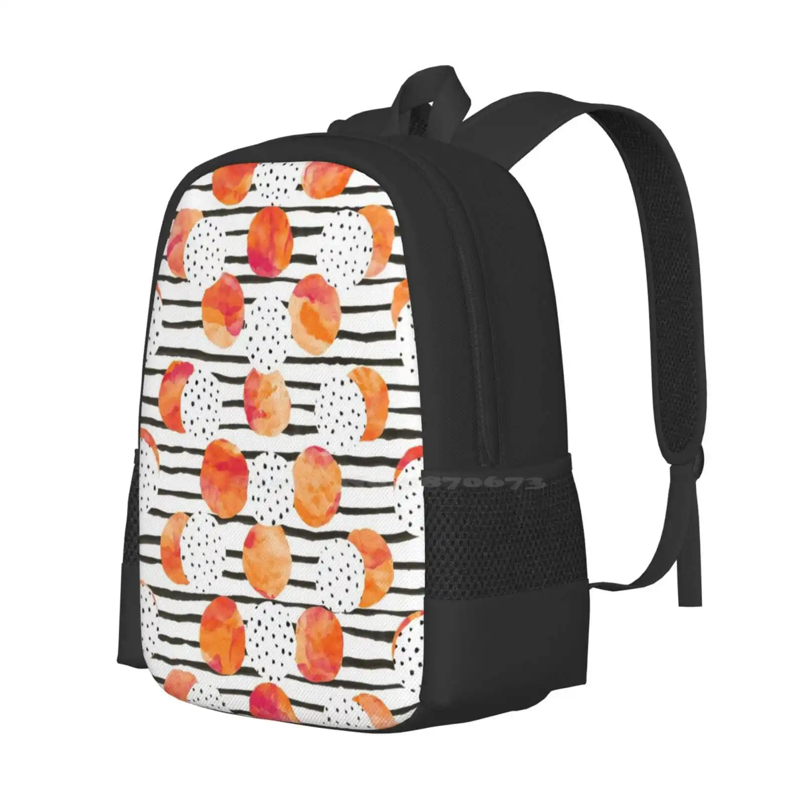 Sac à dos à motif orange fruité pour étudiants, motif aquarelle d'interconnexion orange, cercle à rayures, pois, amusant heureux