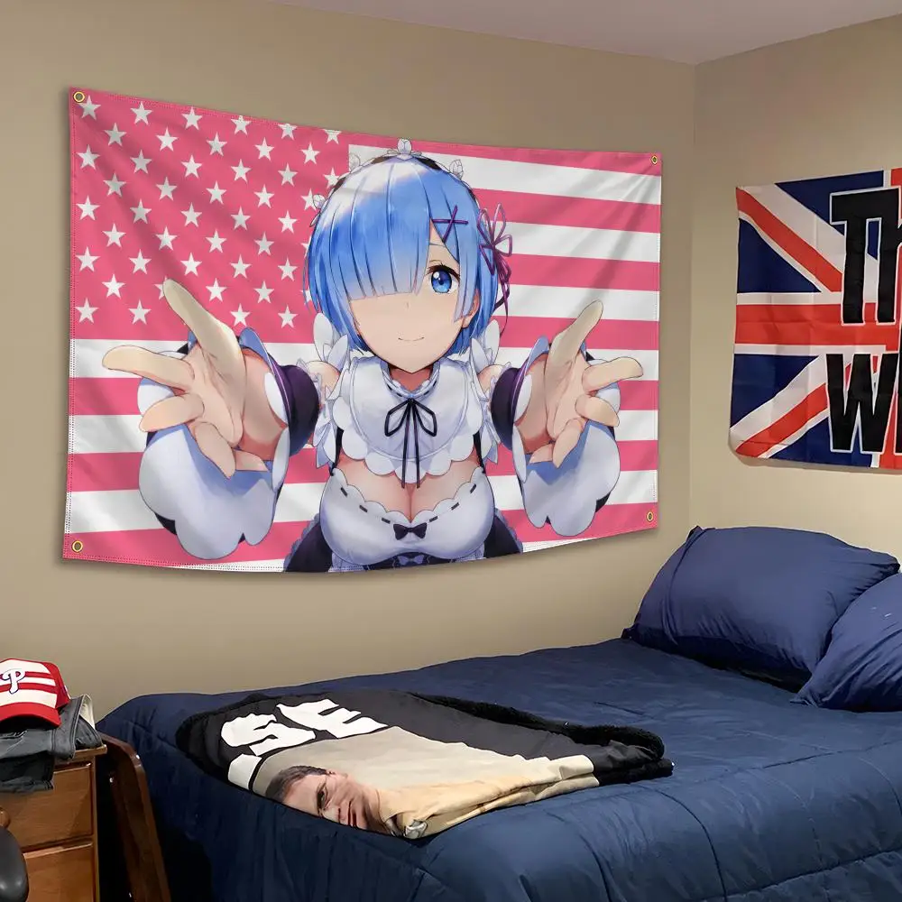 Anime Rem ReZero Ram Roswaal Oni Maid Flags Banner Wall Hanging Decor Personality For Party Bedroom Outdoor Hogar Bedside
