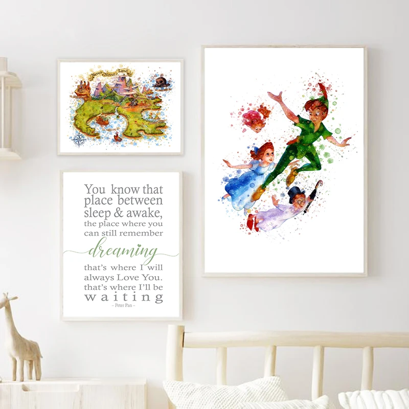 Watercolor Peter Pan Motivational Quotes Wall Art Prints NeverLand Map Poster Adventure Canvas Painting Kids Boy Room Decor