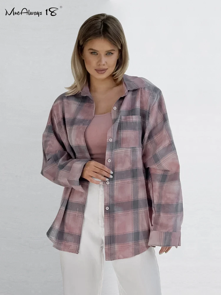 Mnealways18 Cotton Vintage Plaid Shirts Turn Down Collar Women Pockets Checked Long Sleeve Blouses And Tops Autumn 2024 Ladies