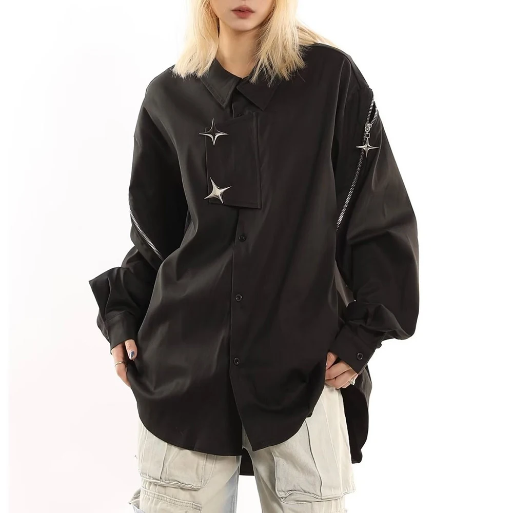 

Зимняя мужская однотонная рубашка с длинным рукавом на металлической молнии в американском стиле ретро, модный уличный повседневный свободный нишевый мужской топ