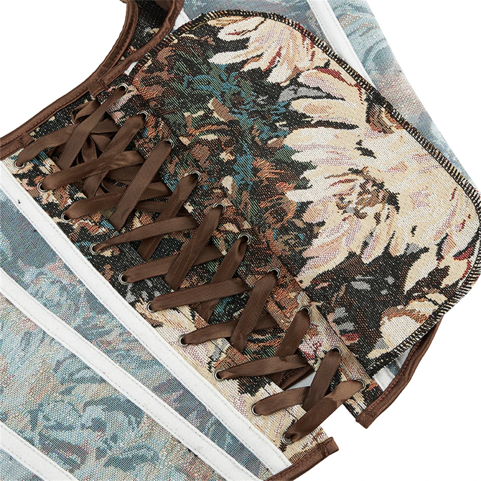 Becirzet Französisches Vintage Damenkorsett Bustier mit Blumenmuster, ärmelloses Schnür-Crop-Top, Taillenformer, Camisole – Detail 8