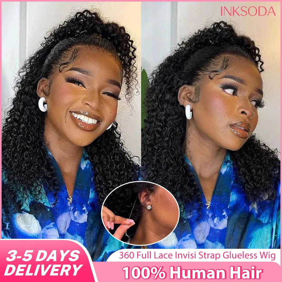 

Deep Wave Invisible Strap HD 360 Lace Front Wig Human Hair Curly 360 Full Lace Frontal Wig Drawstring Glueless Wig Invisi Strap