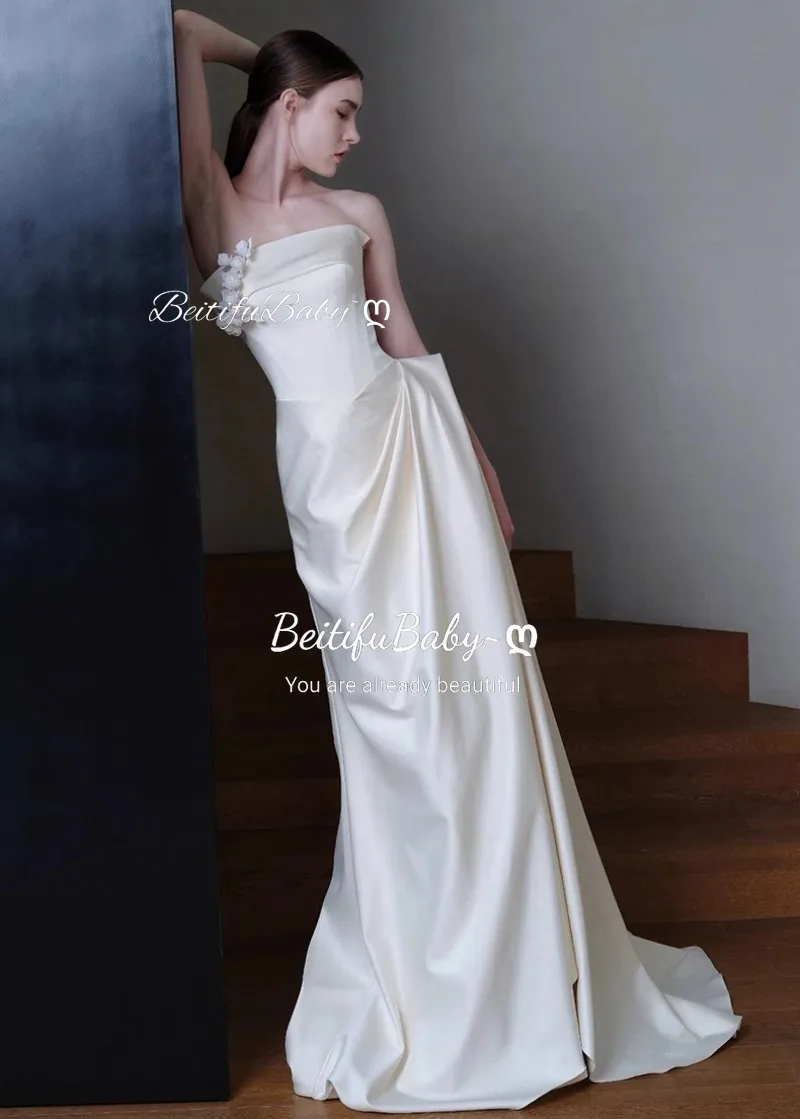 BeitifuBaby Wedding Dresses for Brides Party French Style Light Luxury Satin Strapless Appliques A-line Banquet Gown Vestidos