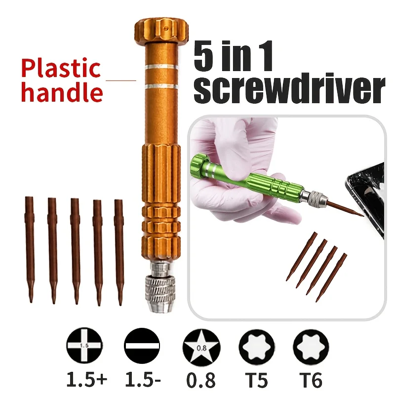 1Pc 5‑in‑1 Screwdriver Handle with 5 Replaceable Bits, Mini Repair Tool for Phone Glasses Clock & Electronics