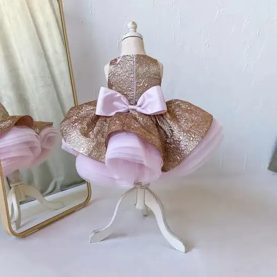 Vestido de fiesta de cumpleaños para niños, cuello redondo, princesa, tutú, hasta la rodilla, personalizado, hecho a mano, nuevo