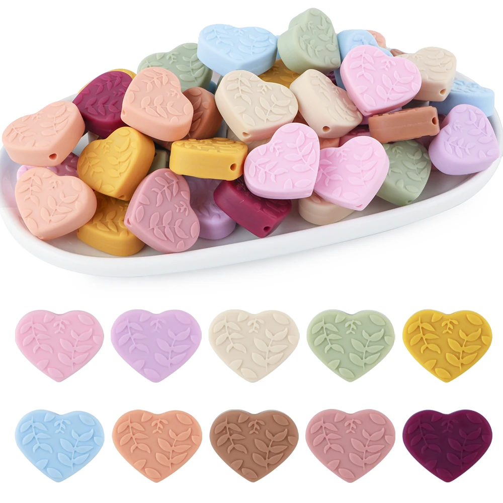 10Pcs Heart Shaped Silicone Beads With Leaf Pattern Solid Silicone Focal Bead DIY Jewelry Accessories