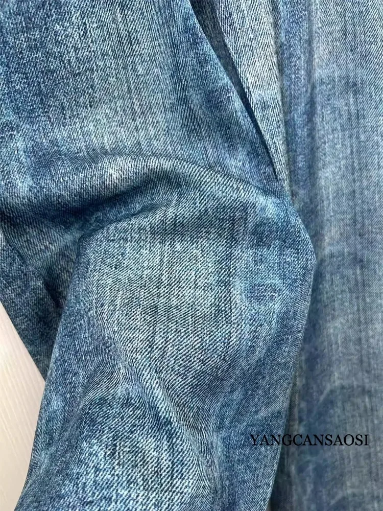 2026 lente nieuwe 95% natuurlijke moerbeizijde elastische dubbele Qiao satijn twee zijzak kant denim print damesbroek met rechte pijpen
