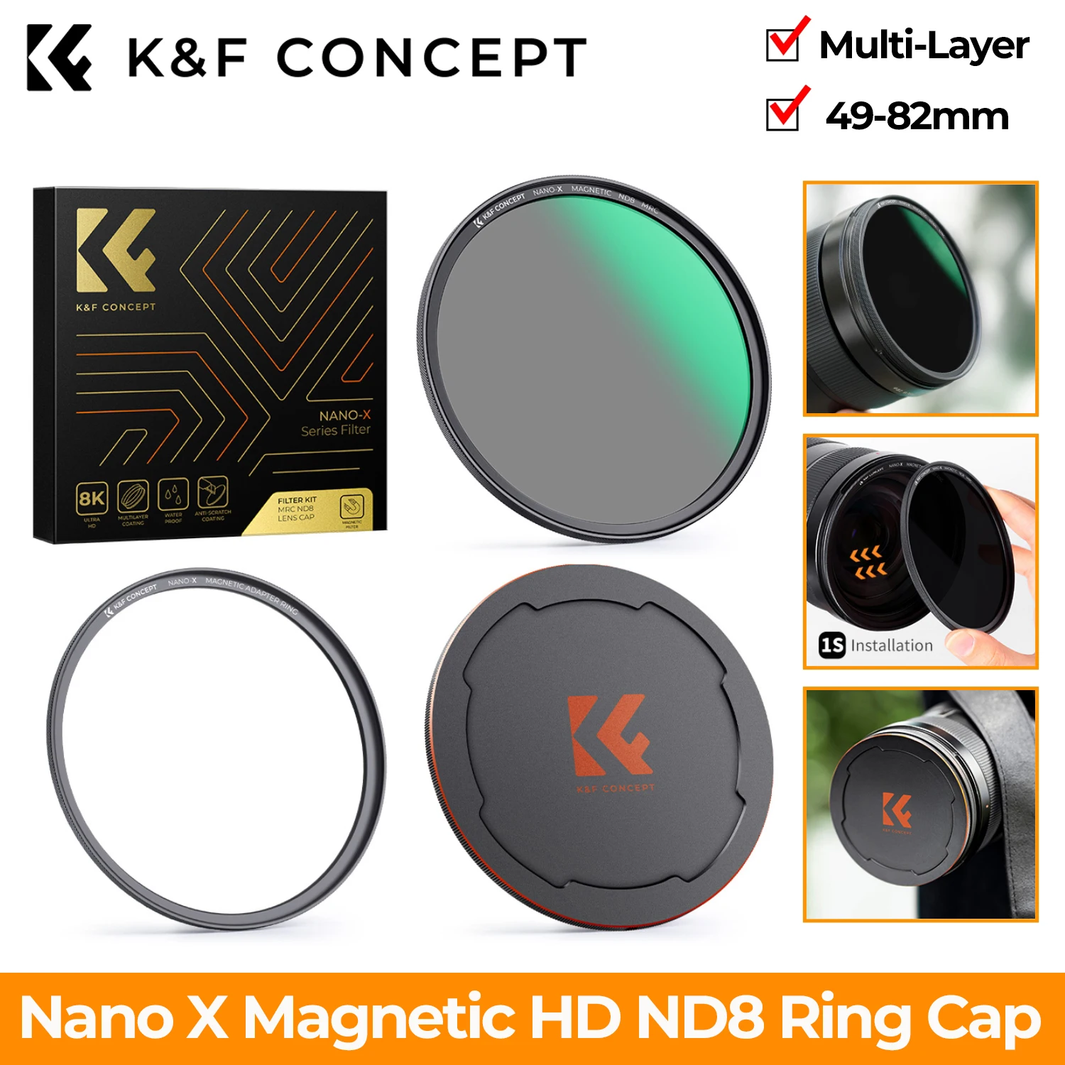 K&F Concept Magnetic HD ND8 Nano-X Multi-Layer Coatings Camera Len Filter Lens Cap Ring Filter Set 49mm 52mm 62mm 67mm 77mm 82mm