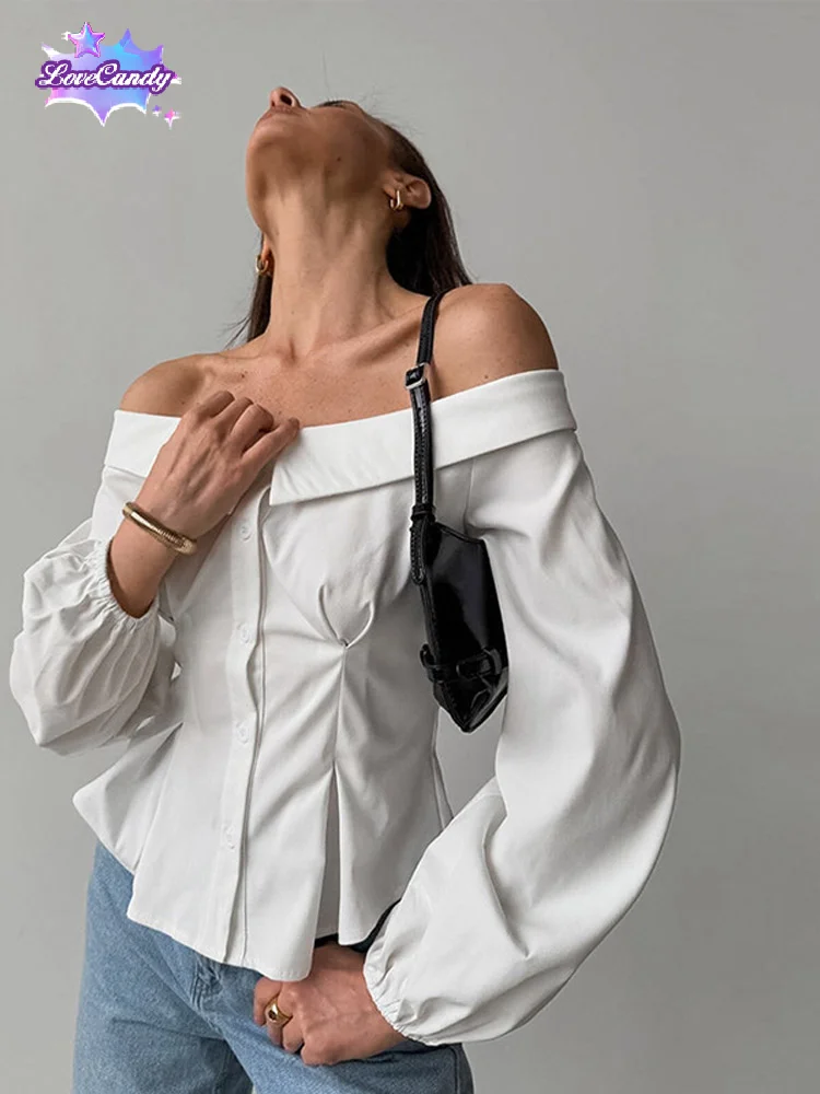 Women White Off Shoulder Lantern Sleeve Blouse Slash Neck Ruched Long Sleeves Shirt 2025 Spring New Female Commuting Streetwear