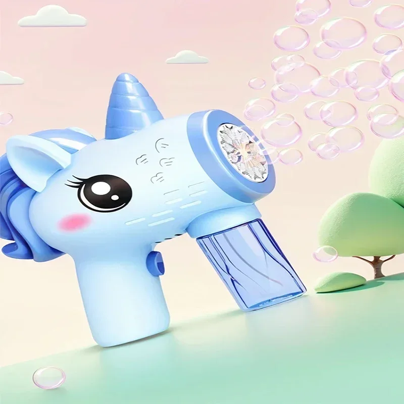 유니콘 거품 기계 자동 비누 송풍기 거품 불고 장난감 전기 거품 총 야외 파티 게임 장난감