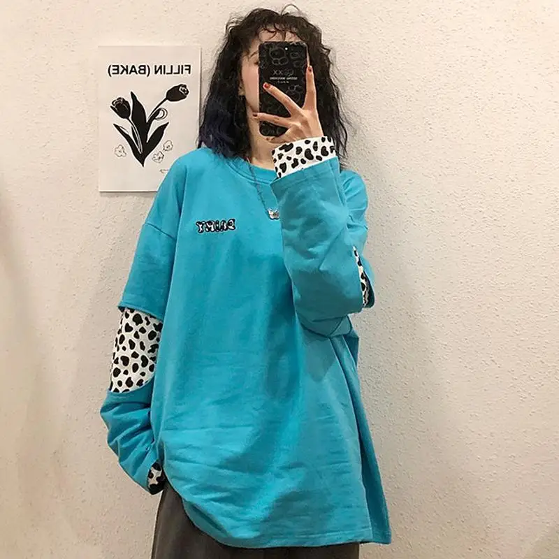 Casual Patchwork Long Sleeve Oversized Ladies Sweatshirts Spring Autumn Loose Pullovers Women's Clothing 2024 New Solid T-Shirts