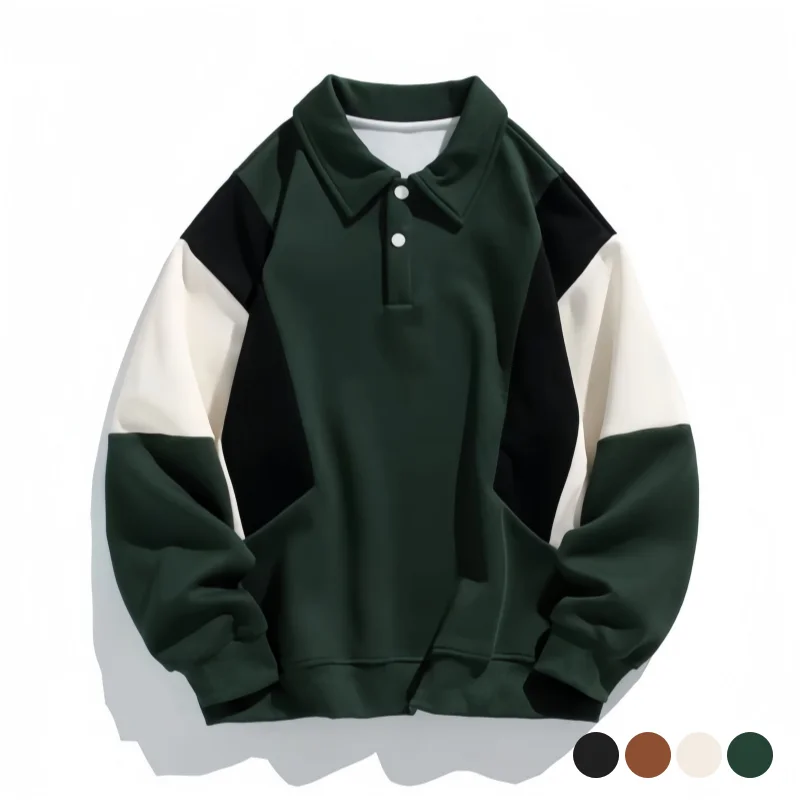 Korean Retro Style 350g Heavyweight Double-Sided Composite Plain Weave Polo Collar Sweatshirt for Men, Autumn and Winter Color-Blocking Loose Fit Oversized Casual Pullover Top