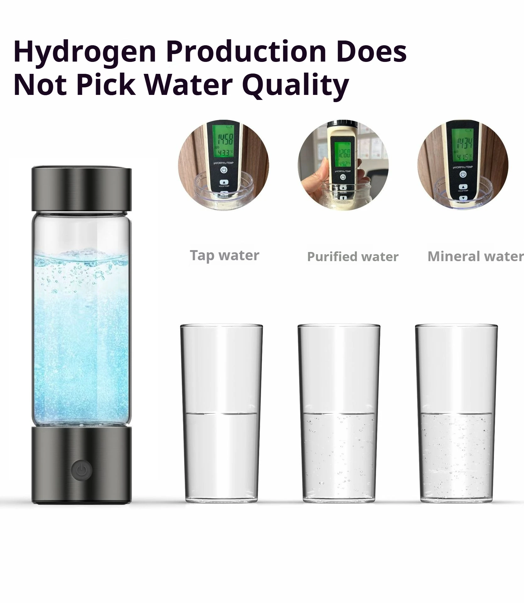 زجاجة مياه الهيدروجين، آلة مولد مياه الهيدروجين المحمولة، تحسين المياه في 3 دقائق التحليل الكهربائي السريع مناسبة للمنزل
