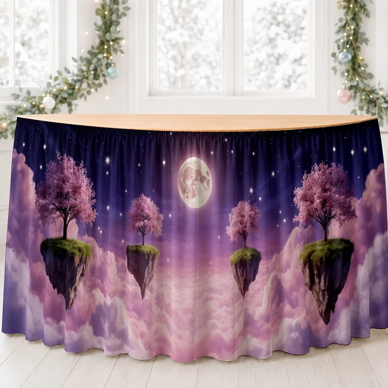 One tablecloth. Decorative tablecloth with a serene atmosphere depicting a night scene of the sky.