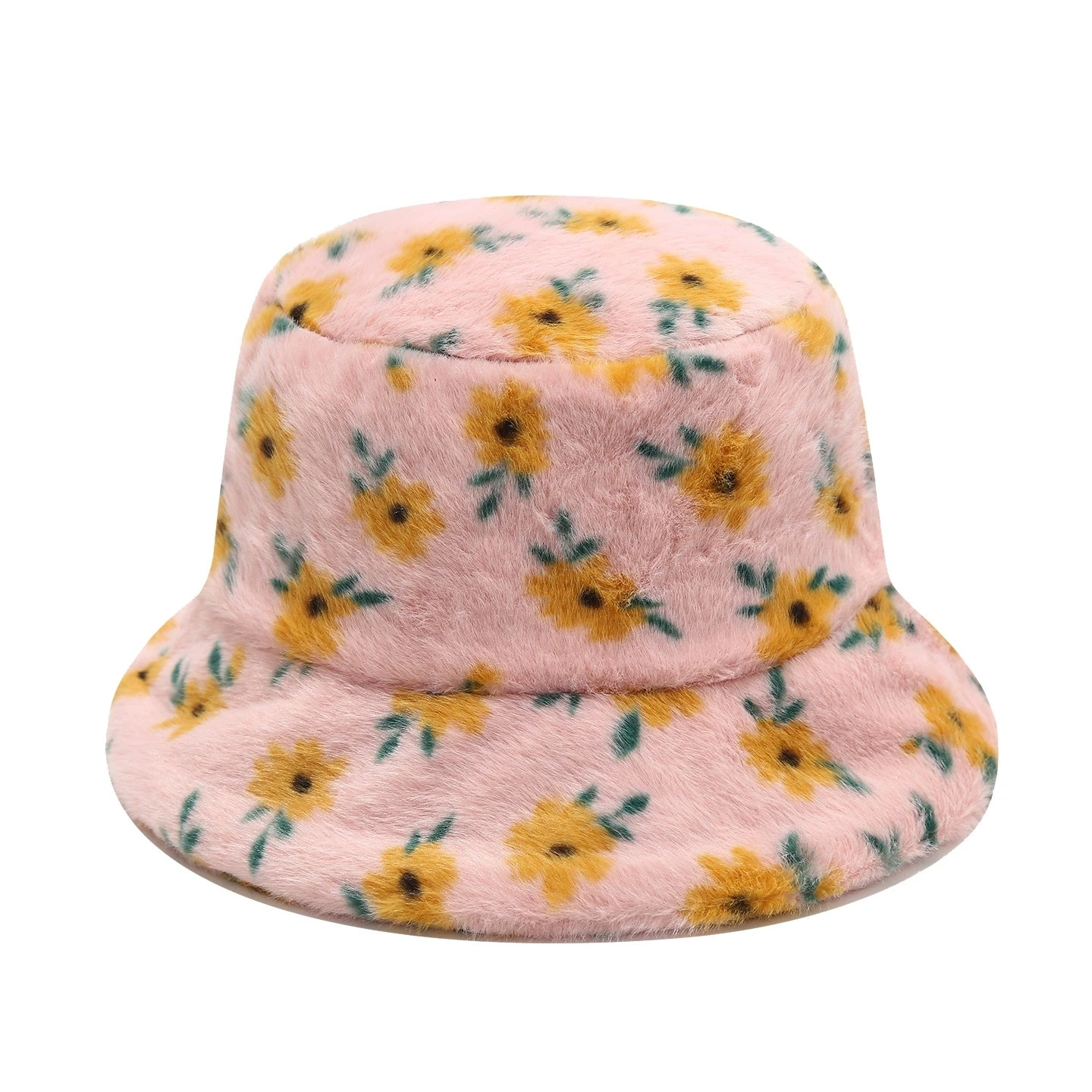 Women Autumn Winter Printed Plush Bucket Hat Vintage Floral Print Fluffy Hat Korean Warm Fisherman Hats