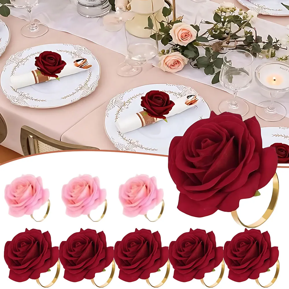 

6-24PCS Rose Flower Napkin Rings Romantic Table Holders Elegant Wedding Party Valentines Day Anniversary Proposal Decor Supplies