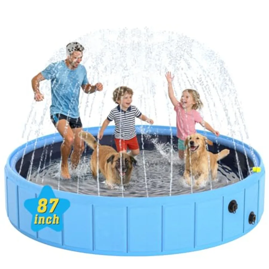Outdoor foldable dog pool with sprinkler, extra-large collapsible pet bathing tub in blue, durable PVC material for dogs, cats,