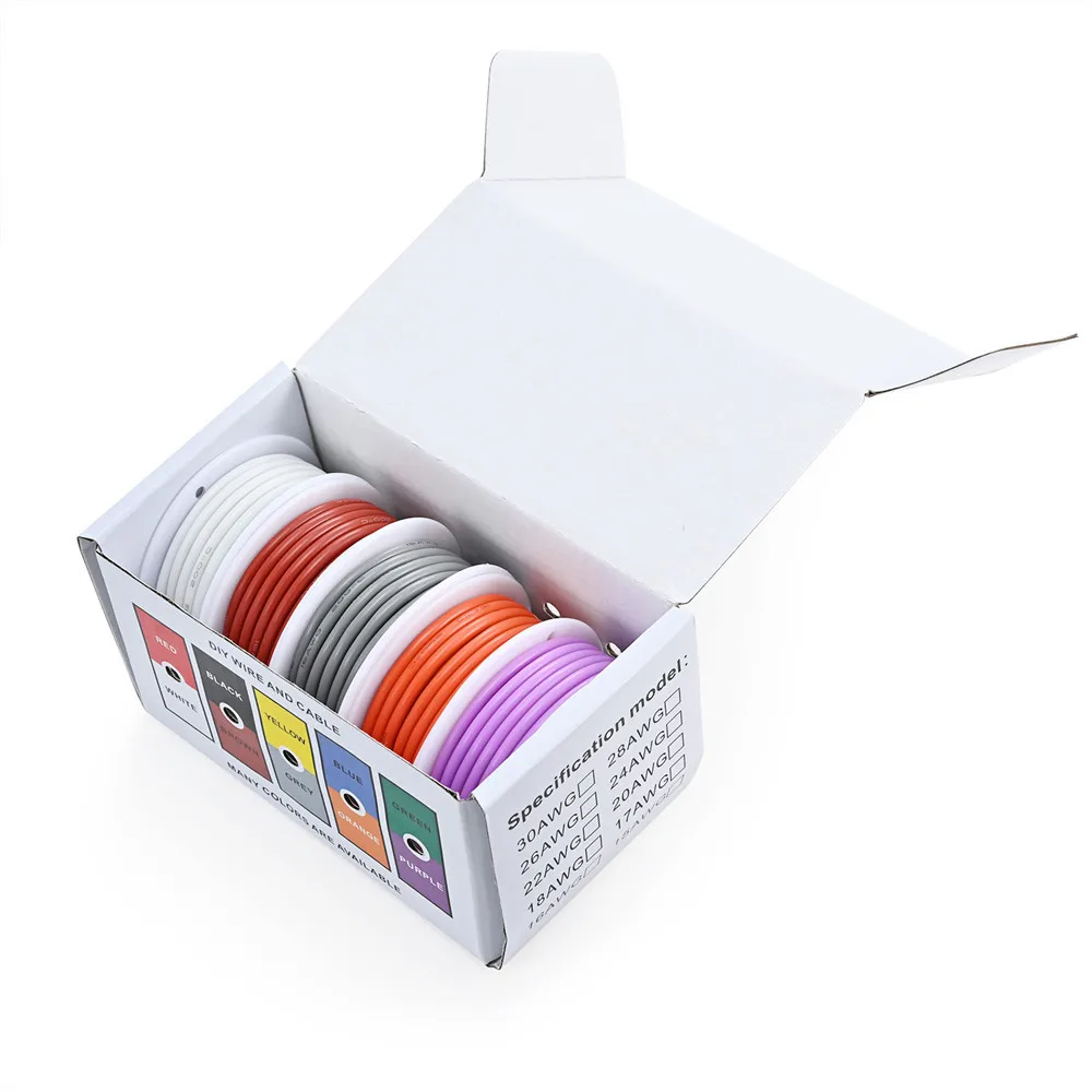 Heat Resistant Soft Silicone Wire 5 Colors in A Box Kit 30/28/26/24/22/20/18AWG Stranded Cable Electrical Flexible Tinned Copper