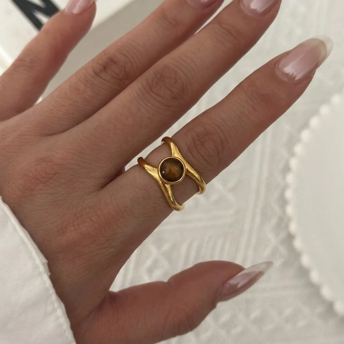 Vintage Maillard Tigerauge-Stein Ovaler Lava-Sonnen-Fingerring für Damen und Herren, Edelstahl, hohler geometrischer Ring, Herbstschmuck – Detail 14
