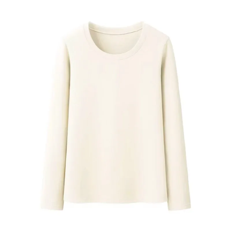 GELITAYIN ผู้หญิงชุดชั้นในเสื้อยืดฤดูใบไม้ร่วงฤดูหนาวกำมะหยี่บางความยาวแขนสีทึบเสื้อยืดลำลองขนแกะอุ่น O-คอ B