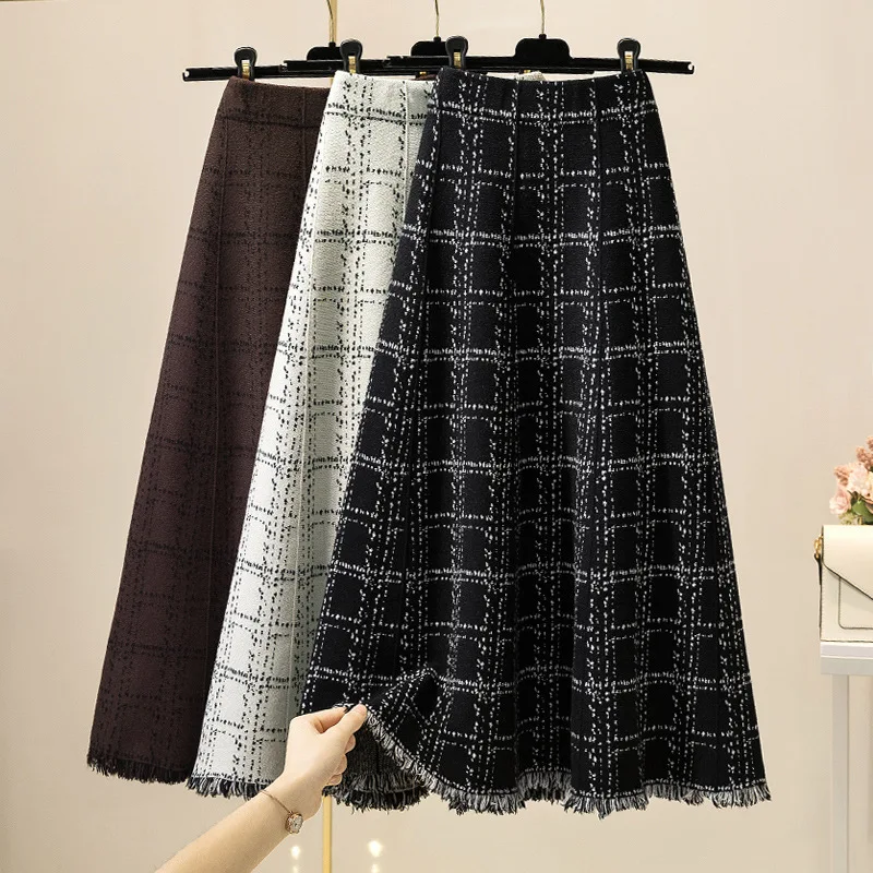 Womens Tweed Style Autumn Winter High Waist Plaid A Line Mid Long Knit Skirt With Tassel Hem