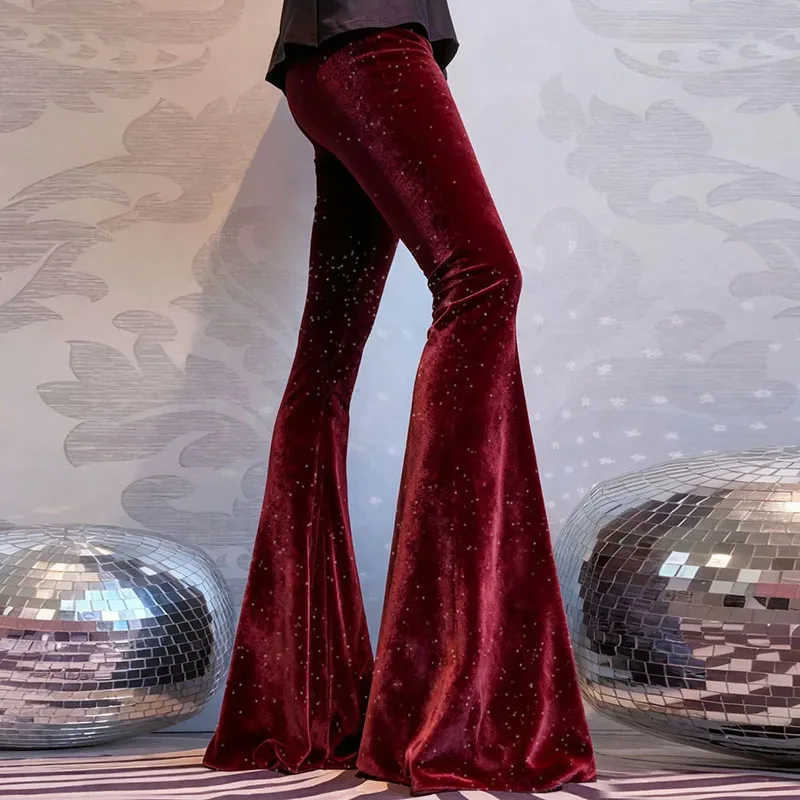 セクシーなダイヤモンド光沢のあるベルベットフレアパンツ女性 2026 春エレガントなハイウエストスリムロングパンツ秋のファッション快適なソフトパンツ