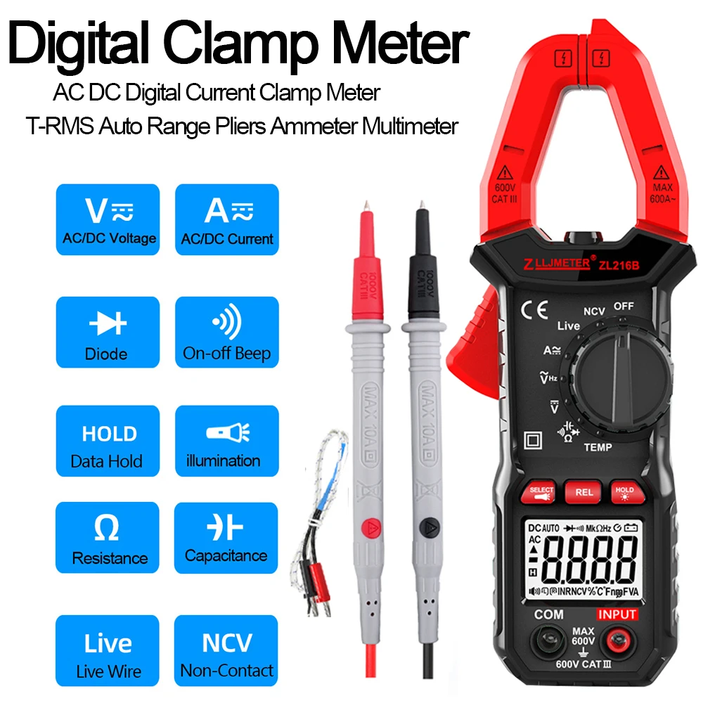 Digital Clamp Meter, AC DC Multímetro atual, True RMS, Auto Rms Capacitância, Amperímetro, 600A