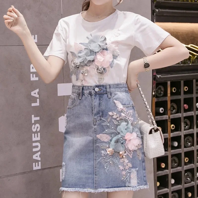 Women's Two Piece Set Commuting Short Mini Blue Lightly Cooked Party Kawaii Denim White Skirt Sequin Embroidered Female Outfits