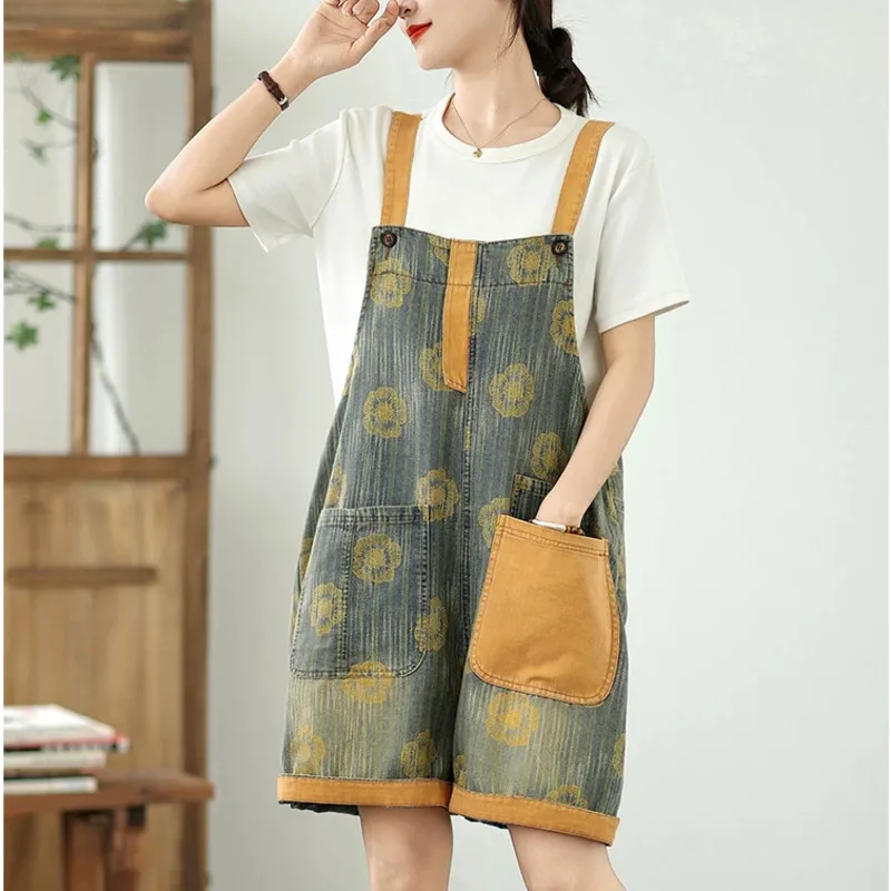 # 1424 Vintage Denim Playsuits Damen Ärmellose Rompers Damen-Jumpsuit Blumenbedruckte Playsuits mit Taschen Locker Sitzend Sommer