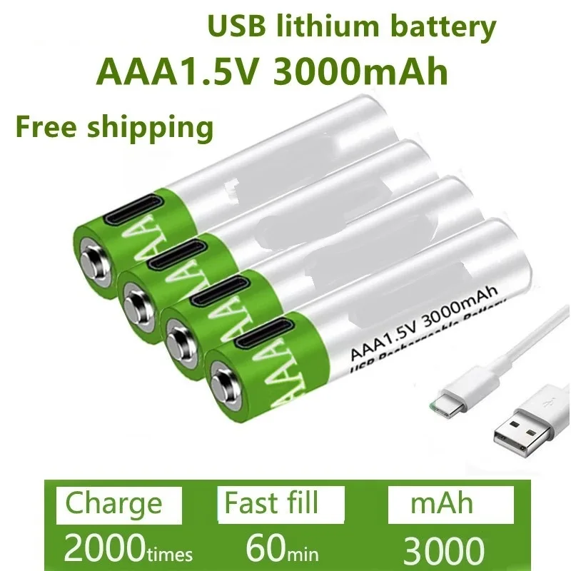 جديد USB AAA بطاريات قابلة للشحن 1.5 فولت 3000 مللي أمبير بطارية ليثيوم أيون للتحكم عن بعد ماوس بطارية لعبة كهربائية + كابل نوع C
