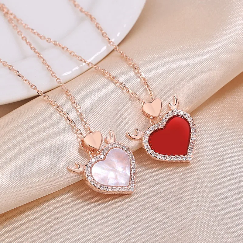 S925 sterling silver rose gold plated red agate white shell love heart pendant necklace Valentine's Day gift
