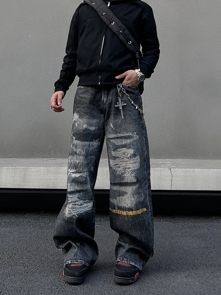 

Мужские джинсы с 3D-принтом, широкие, с вырезами, из хлопкового денима, молодежные, повседневные, с высокой талией, длинные брюки