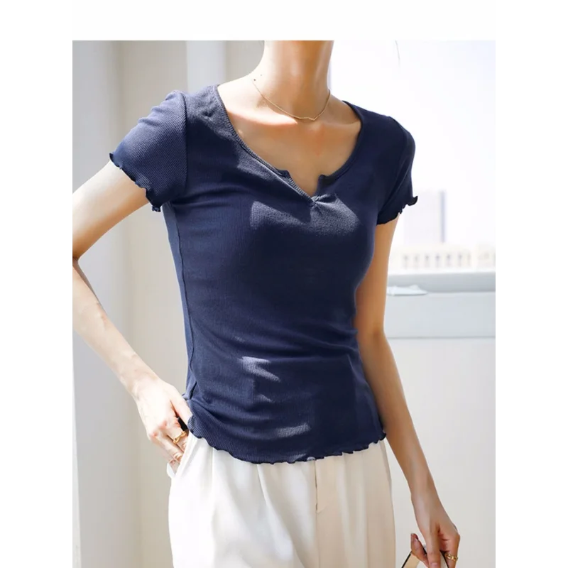 Women's White V-Neck Frayed Hem Short-Sleeve Fitted T-Shirt Soft Elastic Casual Basic Top