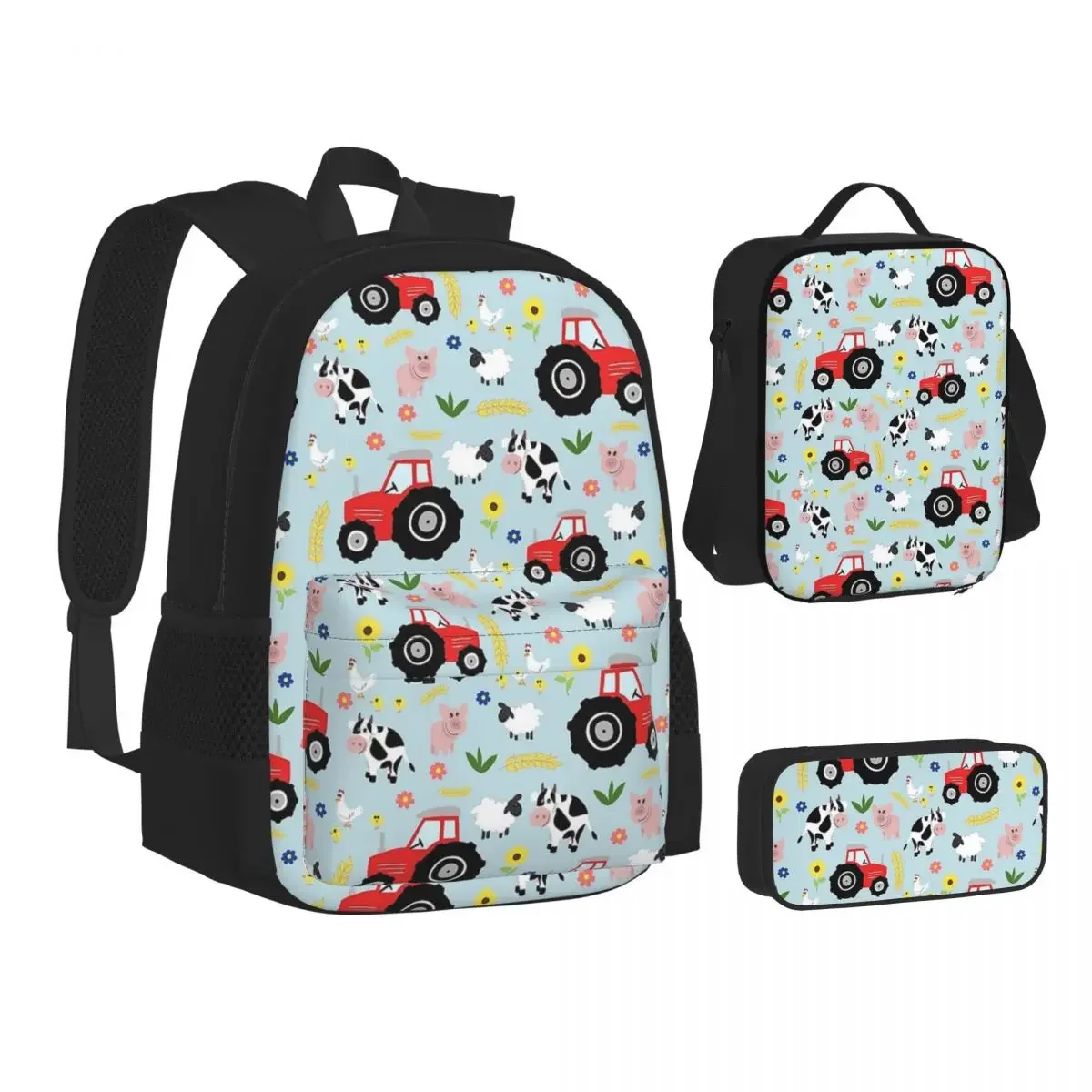 Cute Kids Red Tractor Farm Animal Pattern Backpacks Boys Girls Bookbag Children School Bags Lunch Bag Pen Bag Three-Piece Set