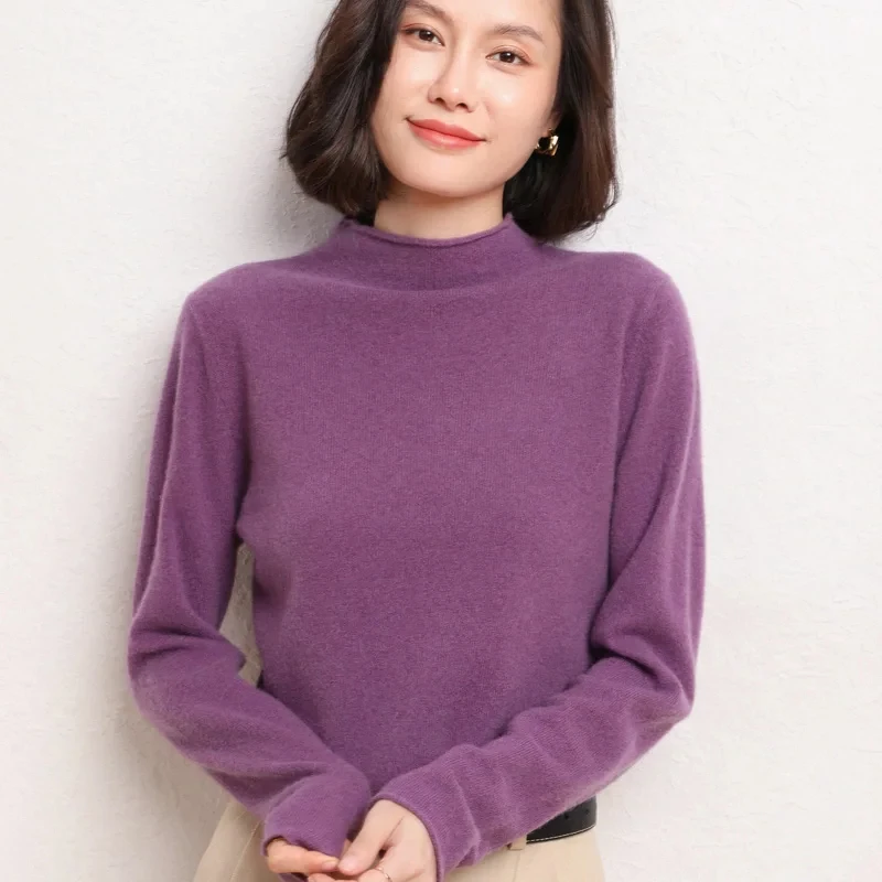 

2024 Autumn and Winter Cashmere sweater Woman Half High neck Pullover 100% Pure Wool Knitted Tops Large Size Female Jacket Korea