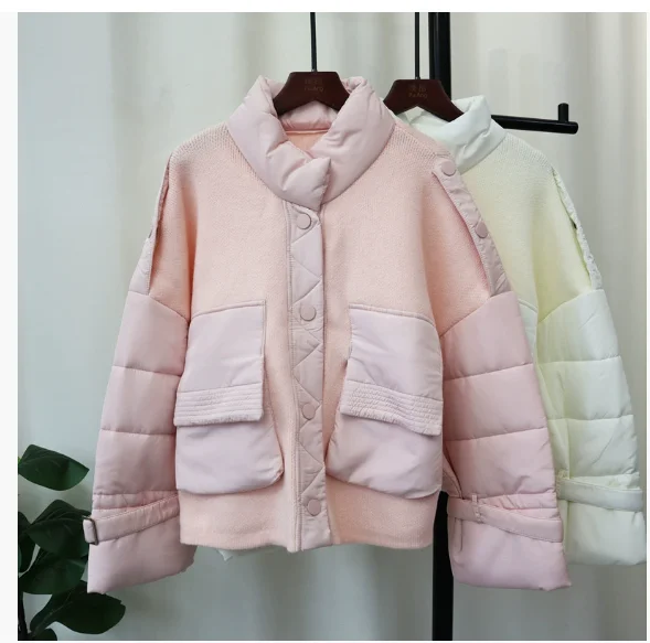

2024 autumn and winter new splicing cotton clothes knitted cardigan thickened loose temperament design stand-up neck sweater