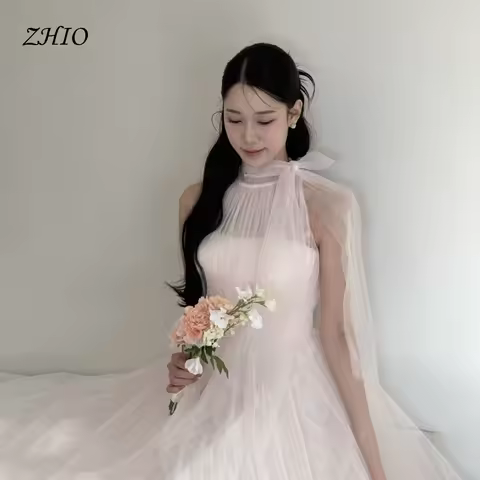 ZHIO Fairy Soft Pink Soft Tulle Evening Dress Korea Wedding Dress Photo Shoot Floor-Length Sleeveless Prom Gowns Customized